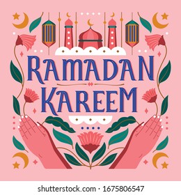 Ramadan kareem islamic poster with floral flat illustration for Eid Mubarak greeting