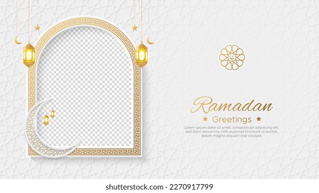 Ramadan Kareem Islamic social media post with empty space for photo and lantern ornament pattern background