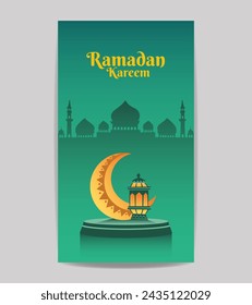 Ramadan kareem islamic social media story vector editable template design with arabic lantern, crescent, lantern, podium and silhouette of mosque