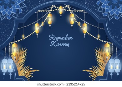 Ramadan Kareem Estilo islámico fondo azul y dorado lujo con hermosa lámpara