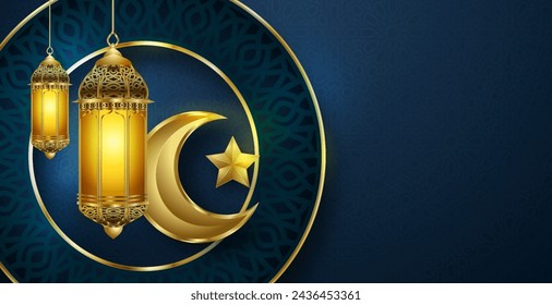 Ramadan Kareem, Islamic vector blue background, Eid Mubarak horizontal banner