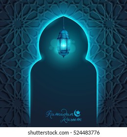 Ramadan Kareem islamic vector design arabic lantern and glow mosque door background