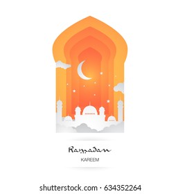 Ramadan Kareem. Islamic vector elements for greeting card. Mosque, cloud, stars and moon illustration inside colorful door
