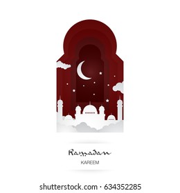 Ramadan Kareem. Islamic vector elements for greeting card. Mosque, cloud, stars and moon illustration inside colorful door