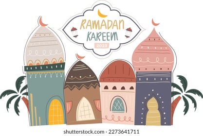 Ramadan kareem islamic vector illustration background with arabic mosque architecture hand drawn