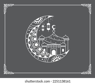 Mezquita vectorial islámica de Ramadán kareem e imagen de diseño de media luna en color blanco aislado en fondo de antracita. Adecuado para el corte por láser.