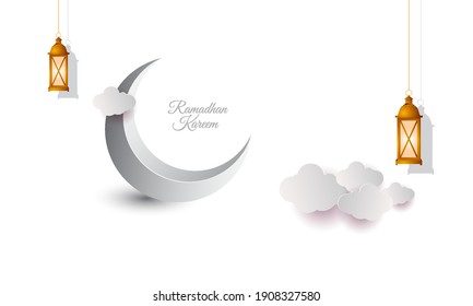 Ramadan kareem estilo de papel de fondo blanco islámico con nubes, estrellas y luna. estilo árabe con lámparas. Es bueno para el diseño de tarjetas de felicitación, banner, volante. Ilustración del vector 