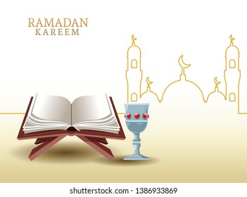 ramadan kareem with koran and mosque shape