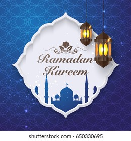 Ramadan Kareem label decor with lamp, islamic holiday month