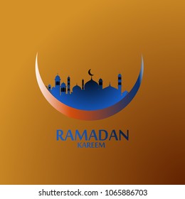 ramadan kareem label or logo for greeting card with al quds ilustration, blue mosque