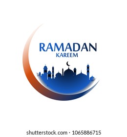 ramadan kareem label or logo for greeting card with al quds ilustration, blue mosque
