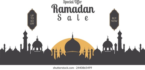 Ramadan Kareem Label sale banner, masjid in background, ads banner. Special offer ramadan kareem sale. Islamic promotion white background vector illustration