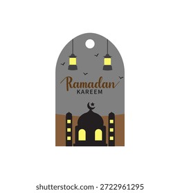 Etiqueta de Ramadan Kareem con Ilustración vectorial de mezquita y linterna 
