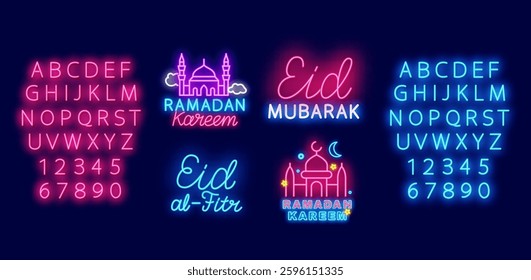 Ramadan Kareem labels collection. Eid al Adha neon lettering. Eid Mubarak holiday. Vector stock illustration