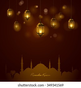 Ramadan Kareem lamp lights and mosque silhouette for islamic greeting - Translation of text : Ramadan Kareem - May Generosity Bless you during the holy month 