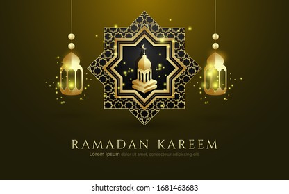 Ramadan kareem with lamp and mosque on the frame background