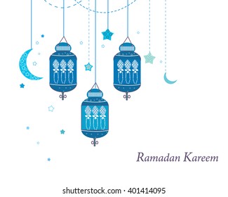 Ramadan Kareem with Lamps, Crescents and Stars. Traditional lantern of Ramadan vector