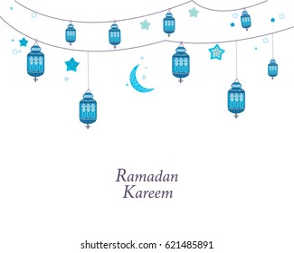 Ramadan Kareem with lamps, crescents and stars. Traditional black lantern of Ramadan greeting card