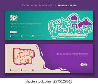 Ramadan kareem. Landscape banner template with arabic typography and mosque in purple green background. arabic text mean is be better in the holy month.