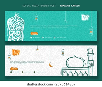 Ramadan kareem. Landscape banner template with doodle line art of mosque design with arabic letters background. good template for ramadan advertising campaign