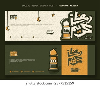 Ramadan kareem. Landscape banner template with cartoon urban style for ramadan kareem in green yellow white design. Arabic text mean is ramadan kareem. islamic banner background