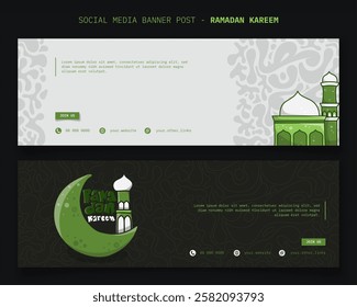 Ramadan kareem. Landscape banner template with mosque design in white and green background. islamic background design. arabic text on background mean is ramadan kareem