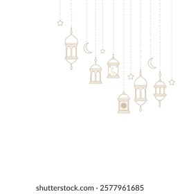 Ramadan Kareem Lantern Background with Hanging Stars and Crescent Moon in Elegant Islamic Minimalist Design