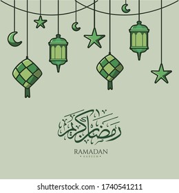 ramadan kareem with lantern cartoon islamic illustration background. its suitable for your greeting card, banner, flyer, etc.