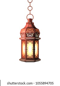 Ramadan kareem lantern celebration lamp realistic 3d illustration. Vector arab islam culture festival decoration religious fanoos glowing symbol white background Traditional muslim poster card design