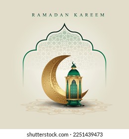 Ramadan Kareem Lantern and crescent moon card design. Islamic Greeting Eid Mubarak Card