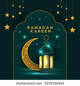 Ramadan Kareem lantern and crescent moon card design. Islamic greeting card