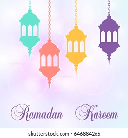Ramadan Kareem lantern in a flat style. Glow arabic illustration, Ramadan invitation card on a glow pastel background.