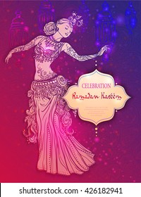 Ramadan Kareem Lantern Greeting vector illustration. Ornament beautiful card with girl belly dance. Vector element hand drawn. Card, poster