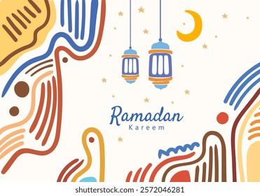 Ramadan kareem lantern hanging moon and stars, curved abstract pattern decorative elements surrounding the frame