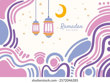 Ramadan kareem lantern hanging moon and stars, curved abstract pattern decorative elements surrounding the frame