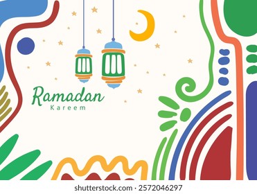 Ramadan kareem lantern hanging moon and stars, curved abstract pattern decorative elements surrounding the frame