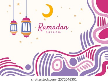 Ramadan kareem lantern hanging moon and stars, curved abstract pattern decorative elements surrounding the frame