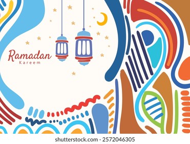 Ramadan kareem lantern hanging moon and stars, curved abstract pattern decorative elements surrounding the frame