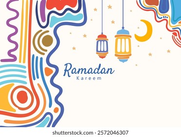 Ramadan kareem lantern hanging moon and stars, curved abstract pattern decorative elements surrounding the frame