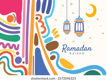 Ramadan kareem lantern hanging moon and stars, curved abstract pattern decorative elements surrounding the frame