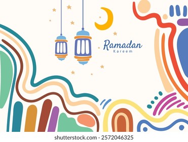 Ramadan kareem lantern hanging moon and stars, curved abstract pattern decorative elements surrounding the frame