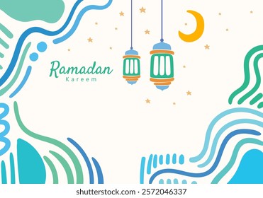 Ramadan kareem lantern hanging moon and stars, curved abstract pattern decorative elements surrounding the frame