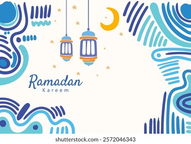 Ramadan kareem lantern hanging moon and stars, curved abstract pattern decorative elements surrounding the frame