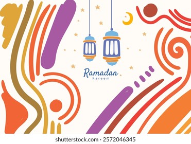 Ramadan kareem lantern hanging moon and stars, curved abstract pattern decorative elements surrounding the frame
