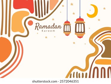 Ramadan kareem lantern hanging moon and stars, curved abstract pattern decorative elements surrounding the frame