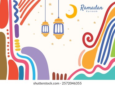 Ramadan kareem lantern hanging moon and stars, curved abstract pattern decorative elements surrounding the frame