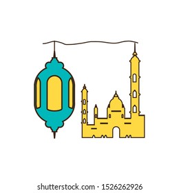 ramadan kareem lantern hanging with mosque building vector illustration design