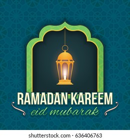 Ramadan Kareem and Lantern - Islamic Holy Nights Theme Design - Arabic "Eid Mubarak", "be Blessed" at English