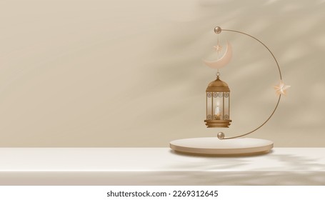 Ramadan Kareem lantern lamp,Crescent Moonon on Beige background display with shawdow leaves,Vector Eid al Adha Mubarak crad of Religion of Muslim Symbolic for Eid al fitr, Ramadan Kareem