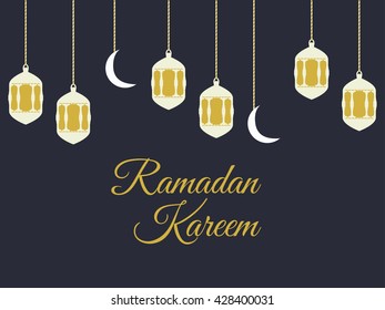 Ramadan Kareem, lantern and moon, muslim holiday lights on a black background. Vector.